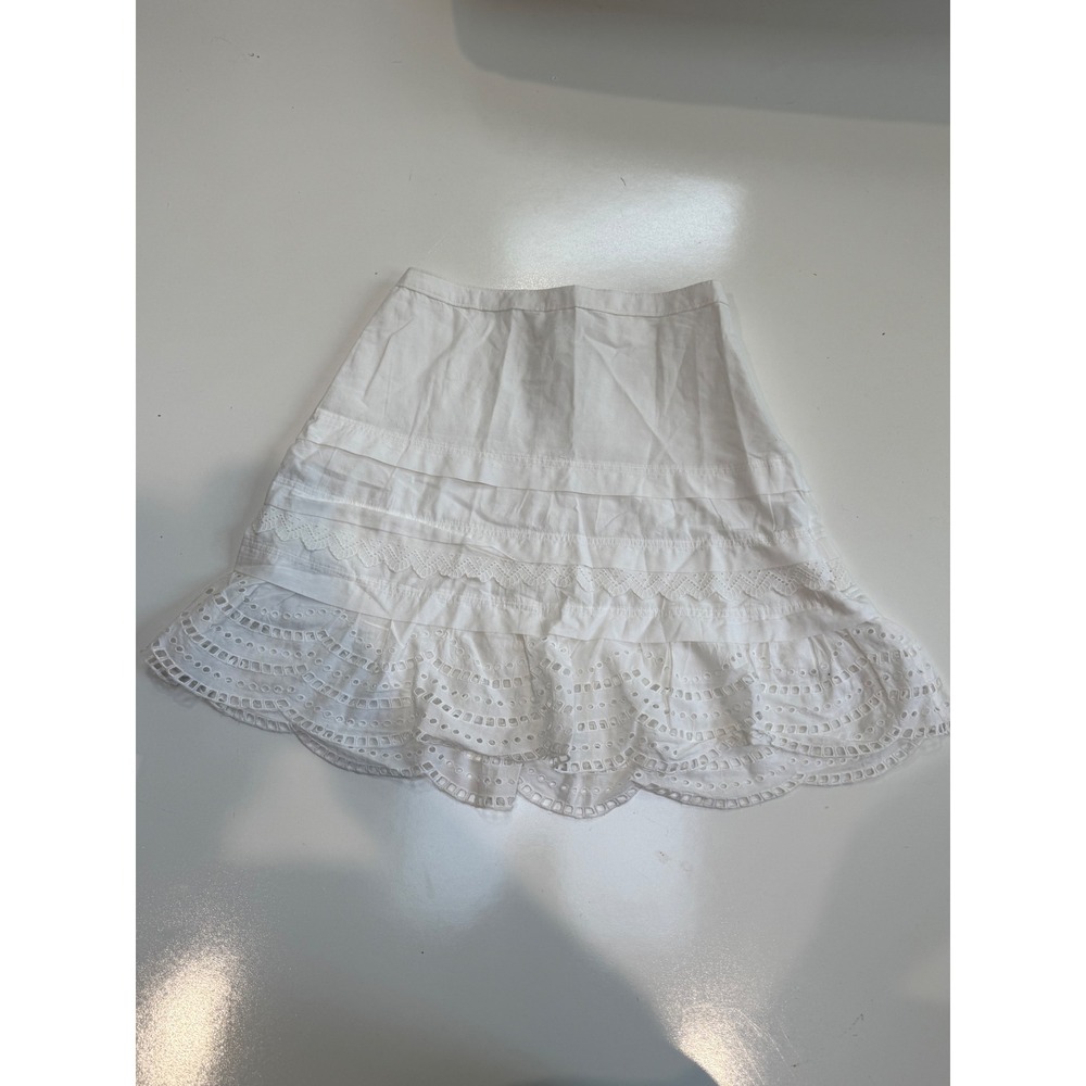Club Monaco White Cotton Eyelet Ruffle Mini Skirt Size 4 Boho Lace Tiered Skirt